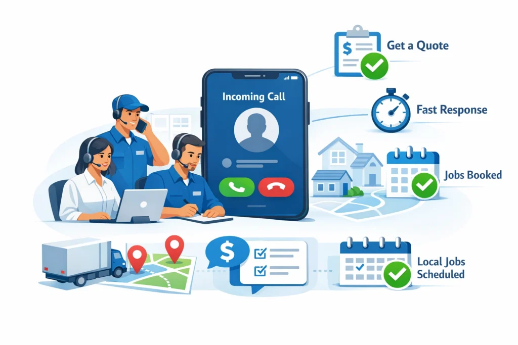Pay per call local moving leads illustration showing movers receiving real inbound calls from local customers requesting quotes.